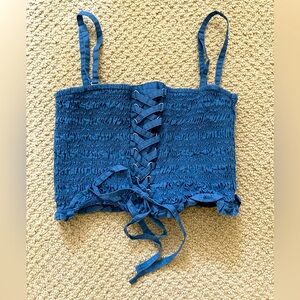 American Eagle Chic Blue Lace-Up Smocked Crop Top